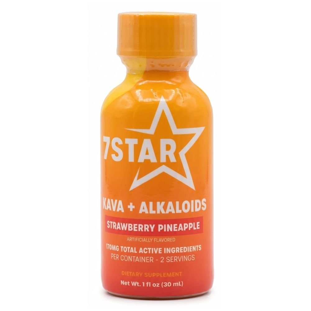 Orange bottle of 7Star supplement with strawberry pineapple flavor on a white background