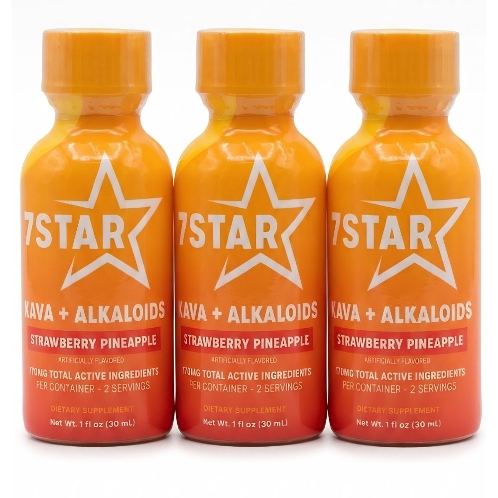 Three bottles of 7Star Kava + Alkaloids Strawberry Pineapple flavor on a white background