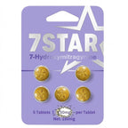 Purple packaging of 7Star 7-Hydroxymitragynine tablets with gold tablets on a white background
