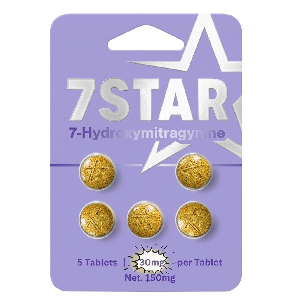 Purple packaging of 7Star 7-Hydroxymitragynine tablets with gold tablets on a white background