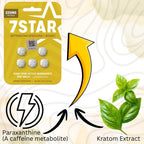 7Star dietary supplement package with kratom extract and paraxanthine, featuring a yellow background and white text.