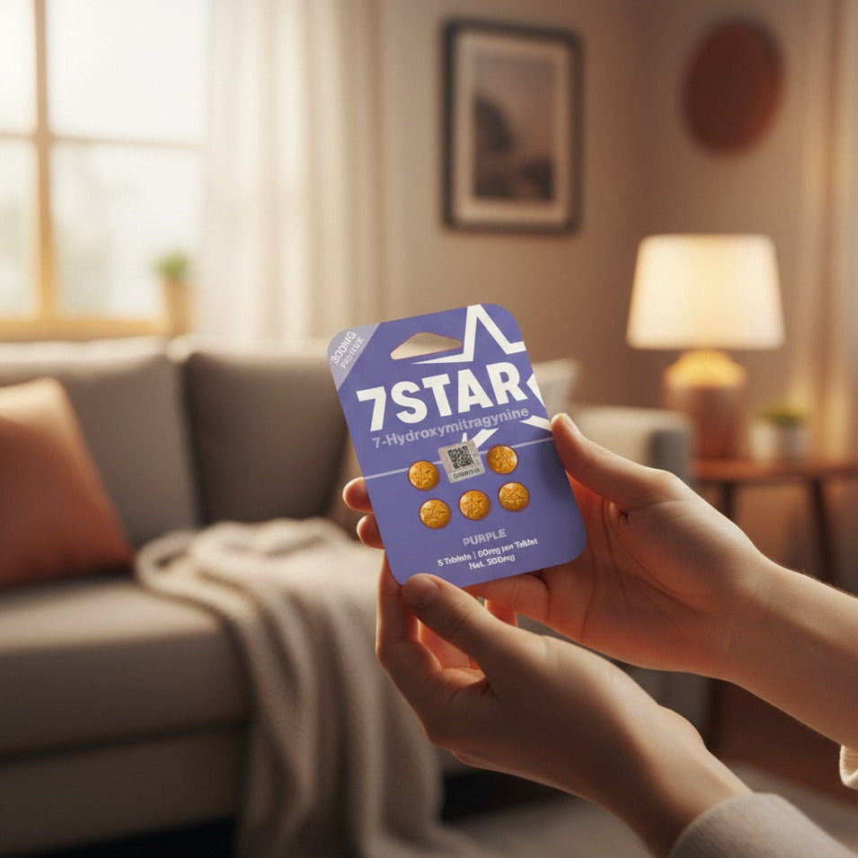 Person holding a 7Star product package in a cozy living room.