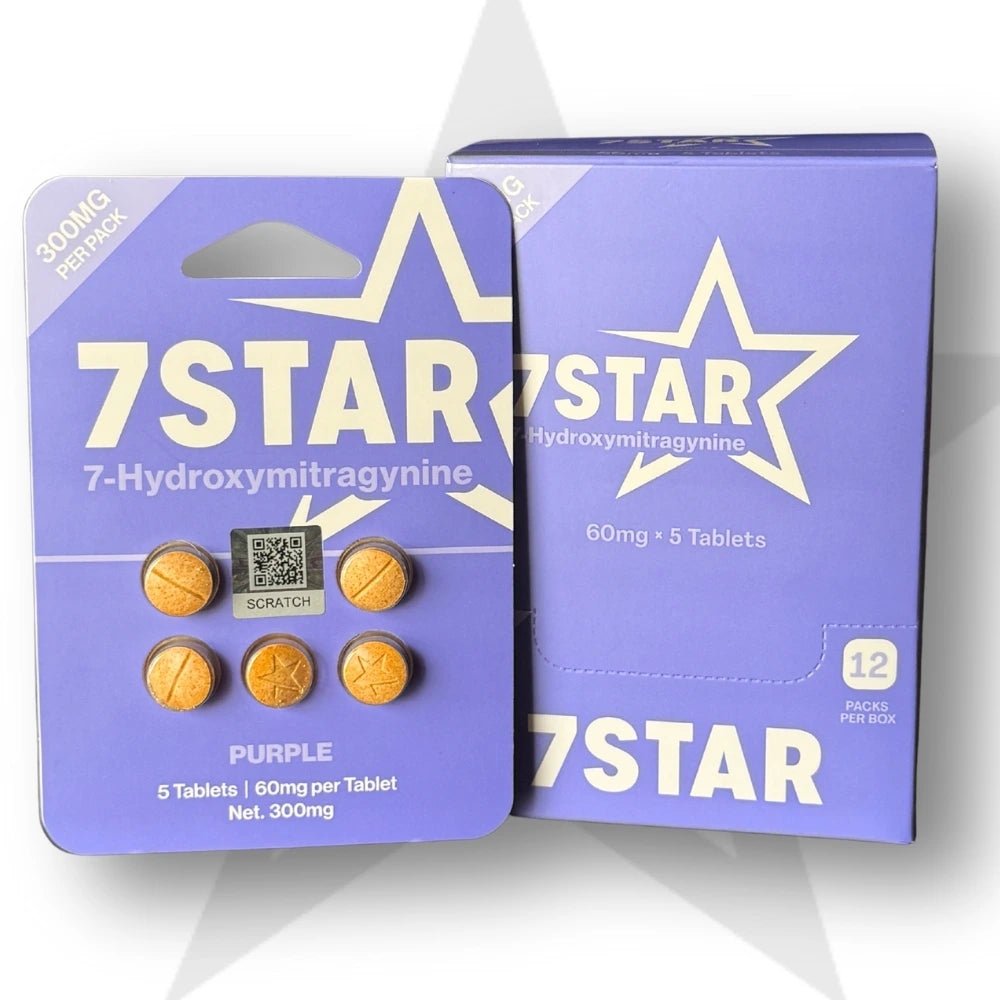 Purple packaging of 7Star 7-Hydroxymitragynine tablets on a white background