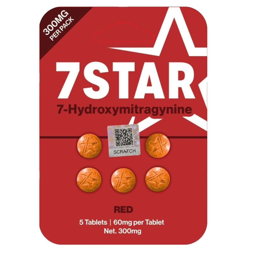 Red packaging of 7Star 7-Hydroxymitragynine with tablets and QR code on a white background