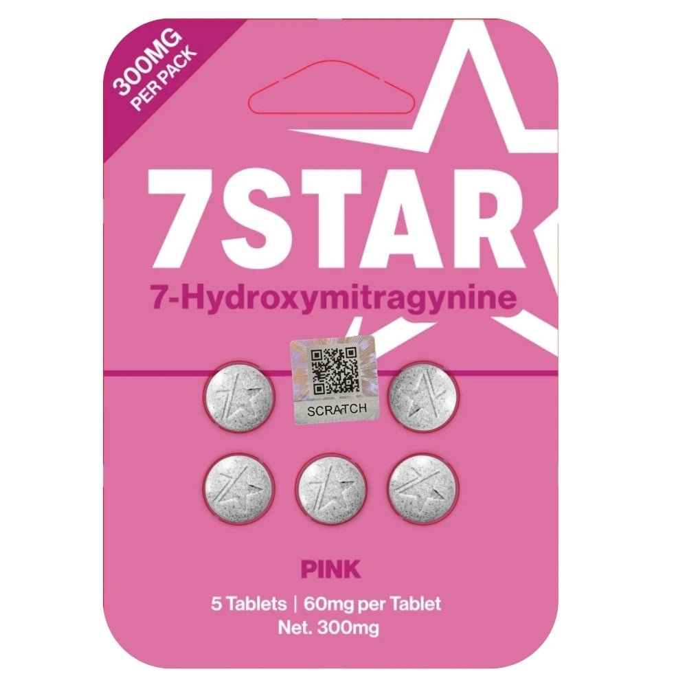 Pink packaging of 7Star 7-Hydroxymitragynine tablets with QR code and scratch panel.