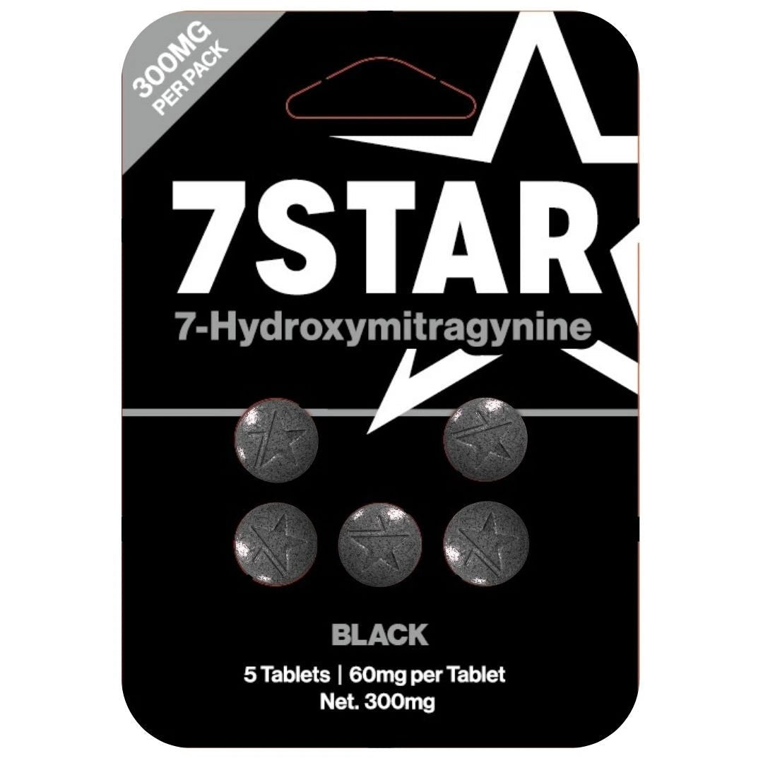 Packaging of 7Star 7-Hydroxymitragynine tablets on a white background