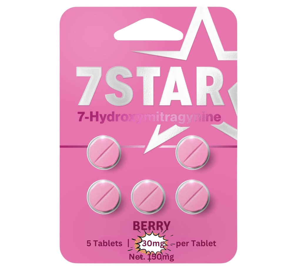 Pink packaging of 7Star 7-Hydroxymitragynine tablets with 'Berry' flavor on a white background