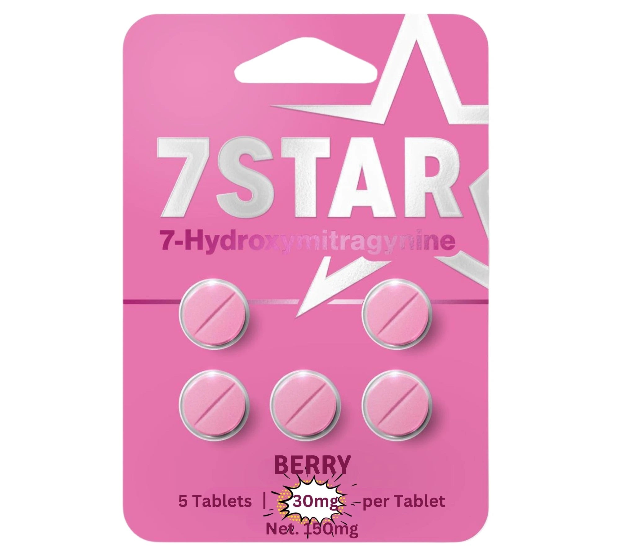 Pink packaging of 7Star 7-Hydroxymitragynine tablets with 'Berry' flavor on a white background