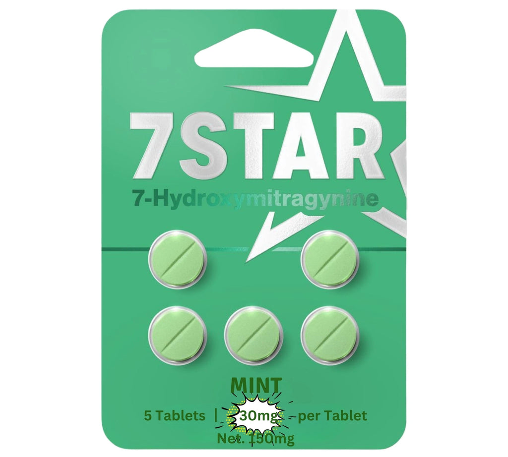 Green packaging of 7Star 7-Hydroxymitragynine tablets with mint flavor on a white background