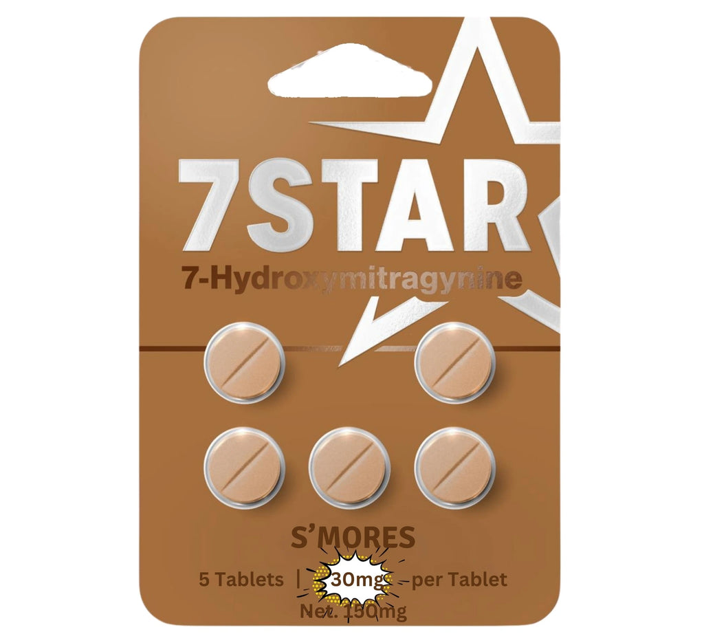 Brown packaging of 7Star 7-Hydroxymitragynine tablets with 'S'mores' flavor on a white background.