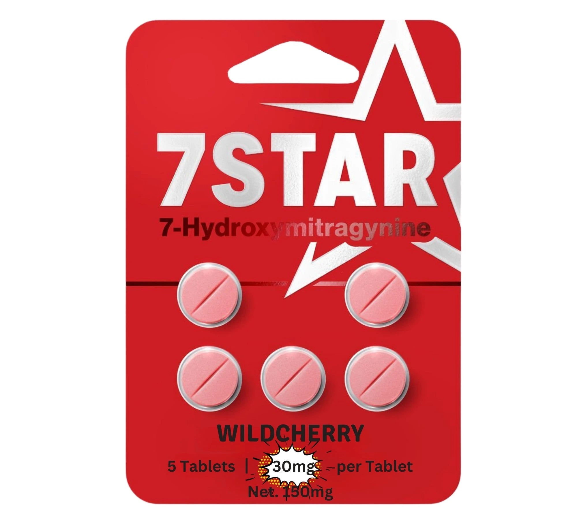 Red packaging of 7Star 7-Hydroxymitragynine Wildcherry tablets on a white background