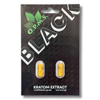 Packaging of O.P.M.S. Black Kratom Extract capsules on a black background