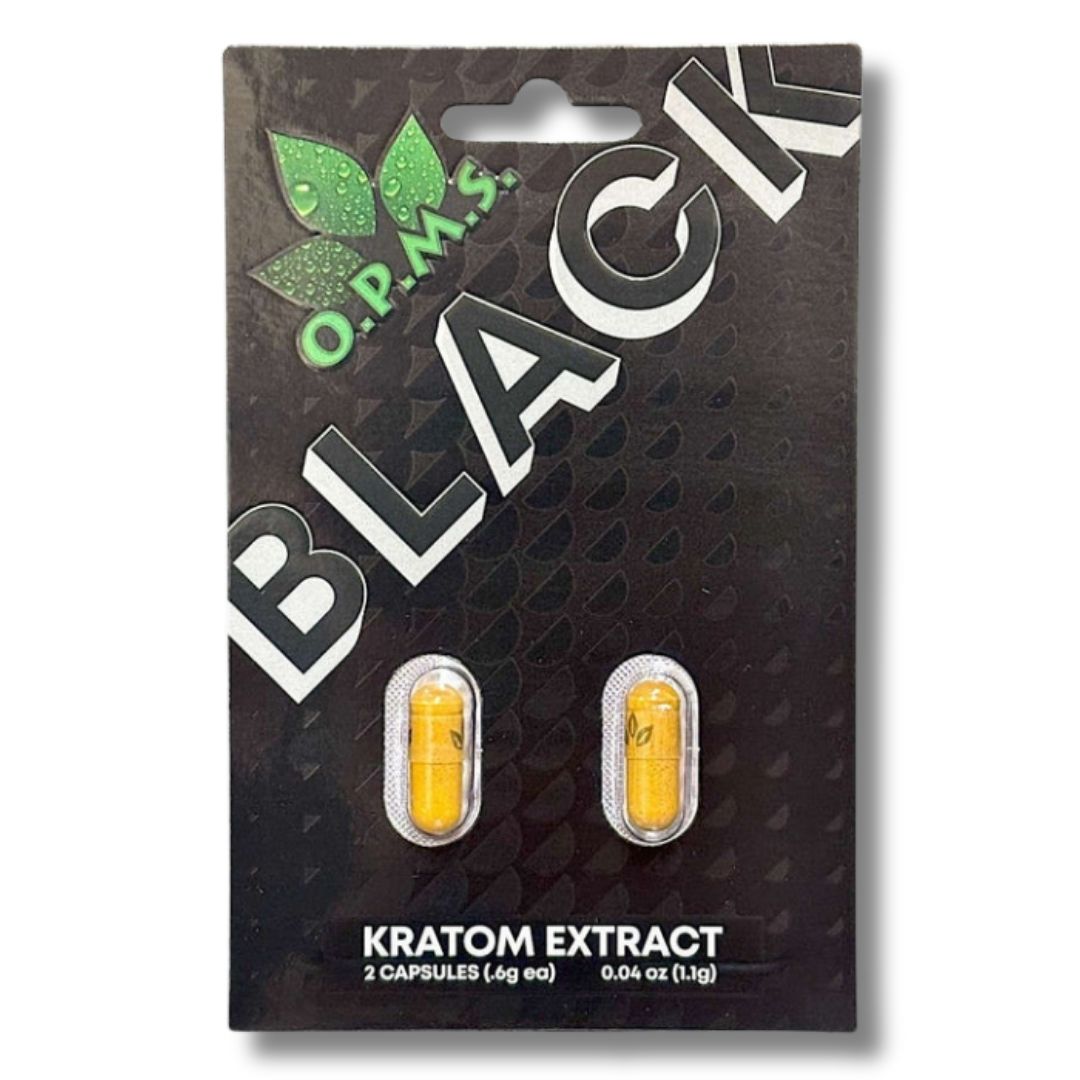 Packaging of O.P.M.S. Black Kratom Extract capsules on a black background