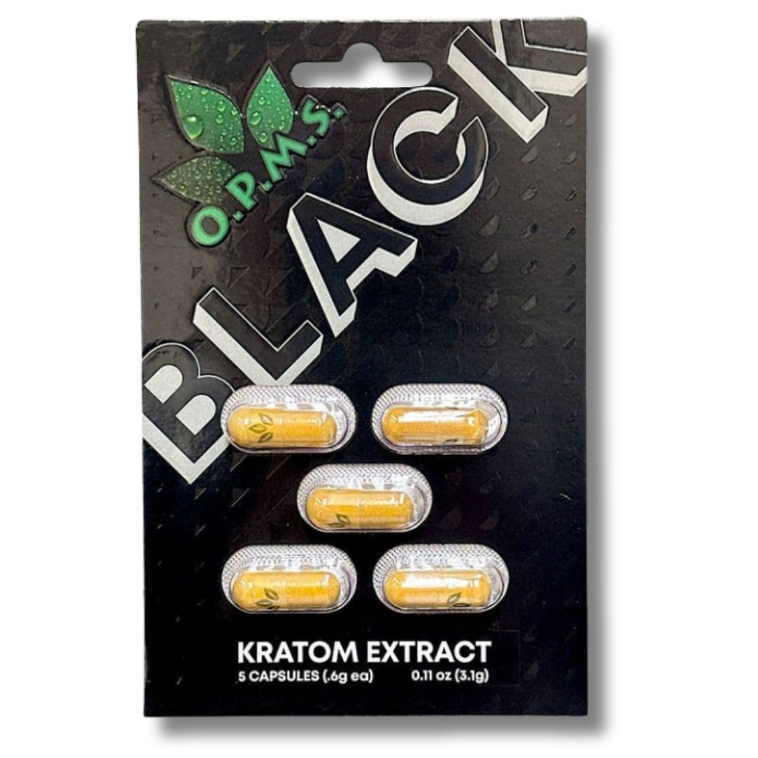 Pack of O.P.M.S. Black Kratom Extract capsules on a white background