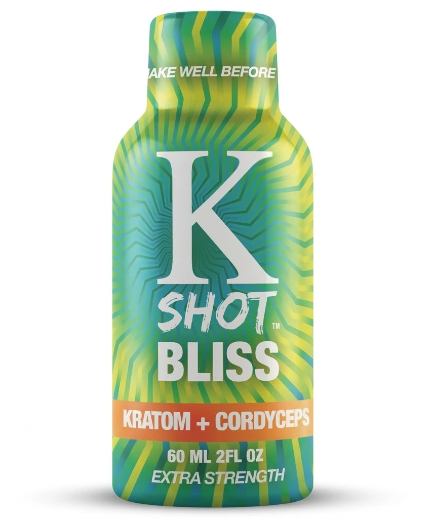 K Shot Bliss bottle with green and blue design on a white background