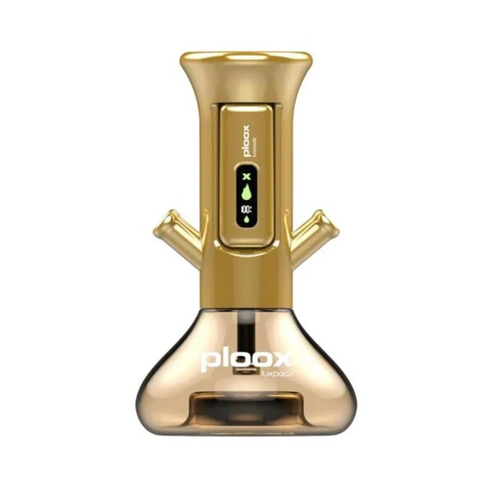 Gold electronic device with 'ploom' branding on a white background