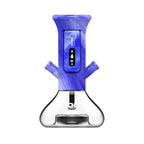Blue and clear glass water pipe with digital display on a white background