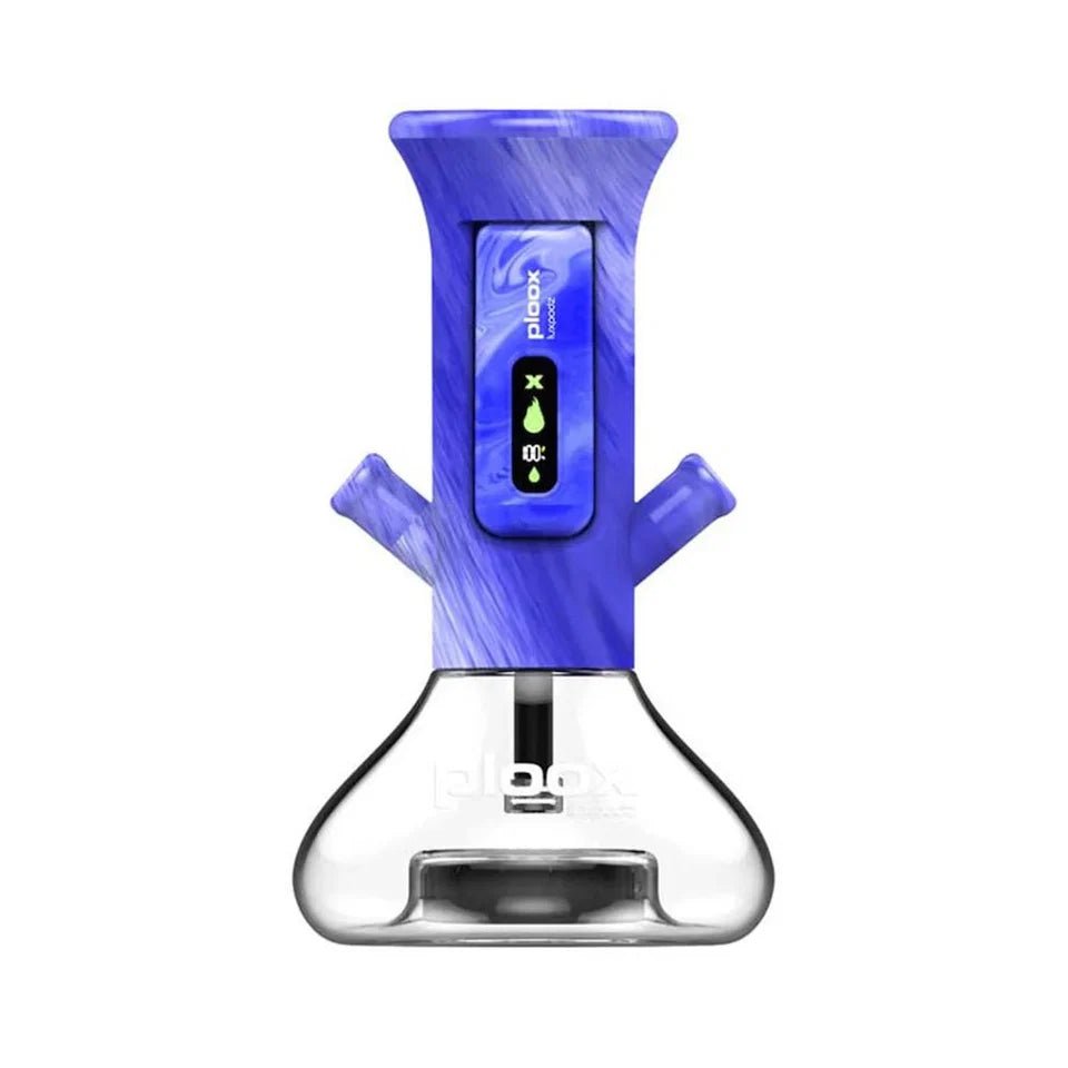 Blue and clear glass water pipe with digital display on a white background