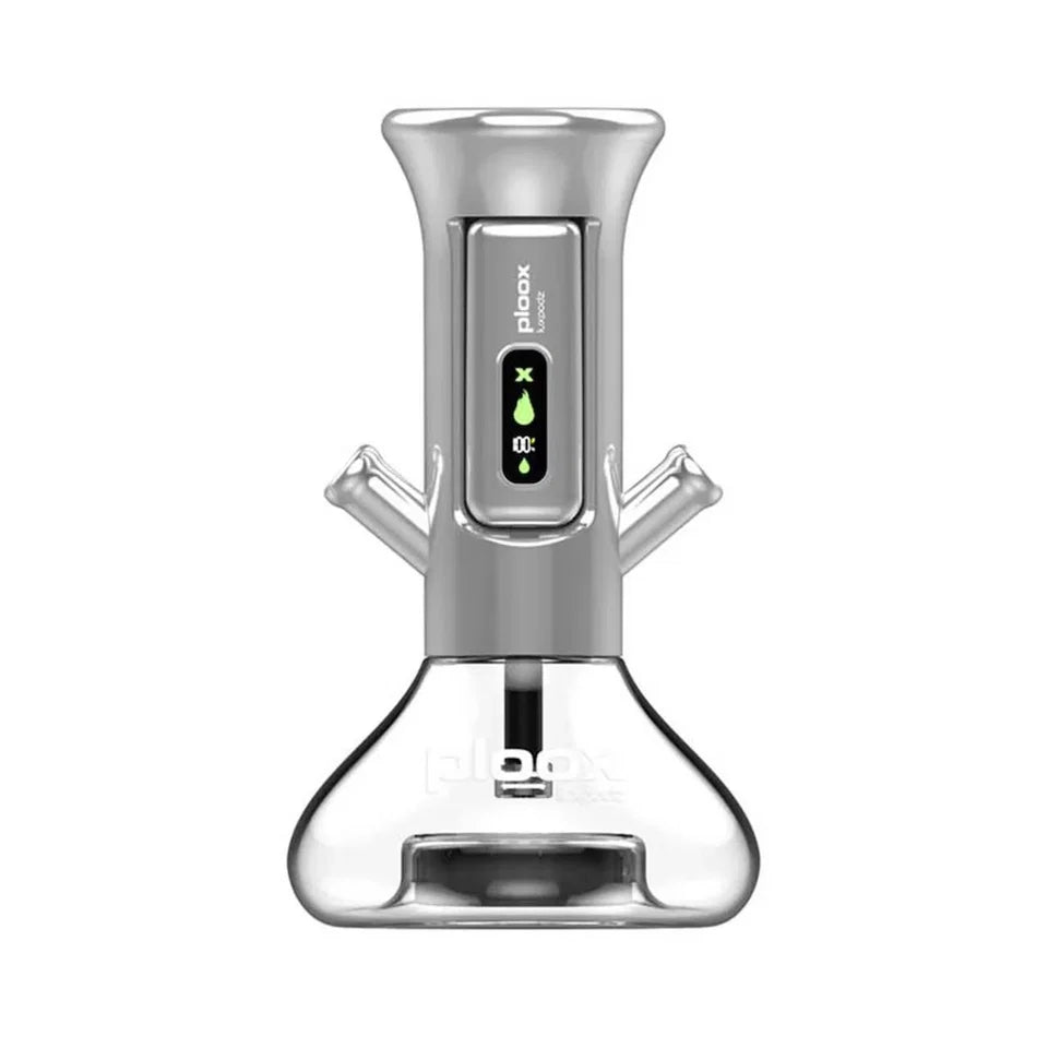 Clear glass water pipe with metallic top on a white background