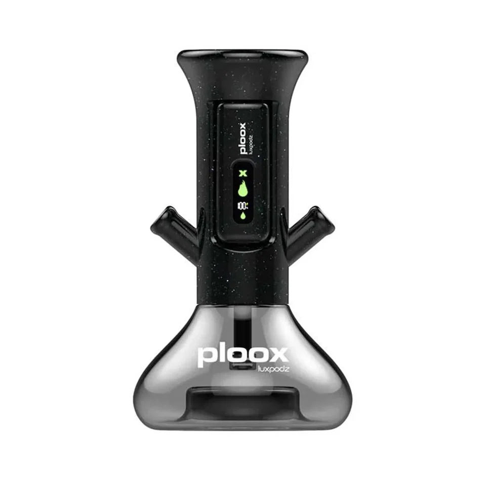Black and silver electronic device with 'ploox' branding on a white background