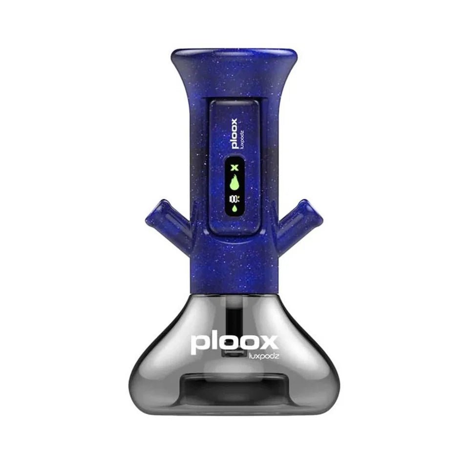 Blue and silver Plooxx device on a white background