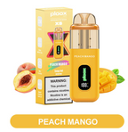 Yellow vape device with 'Peach Mango' flavor and packaging on a white background