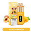 Yellow vape device with 'Peach Mango' flavor and packaging on a white background
