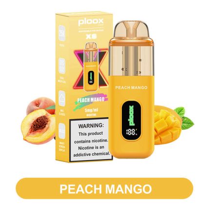 Yellow vape device with 'Peach Mango' flavor and packaging on a white background Hover Image