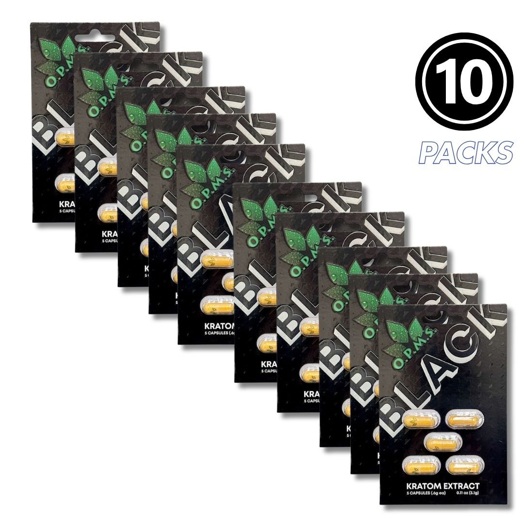 Multiple packages of Black Kratom Extract with a label indicating 10 packs.