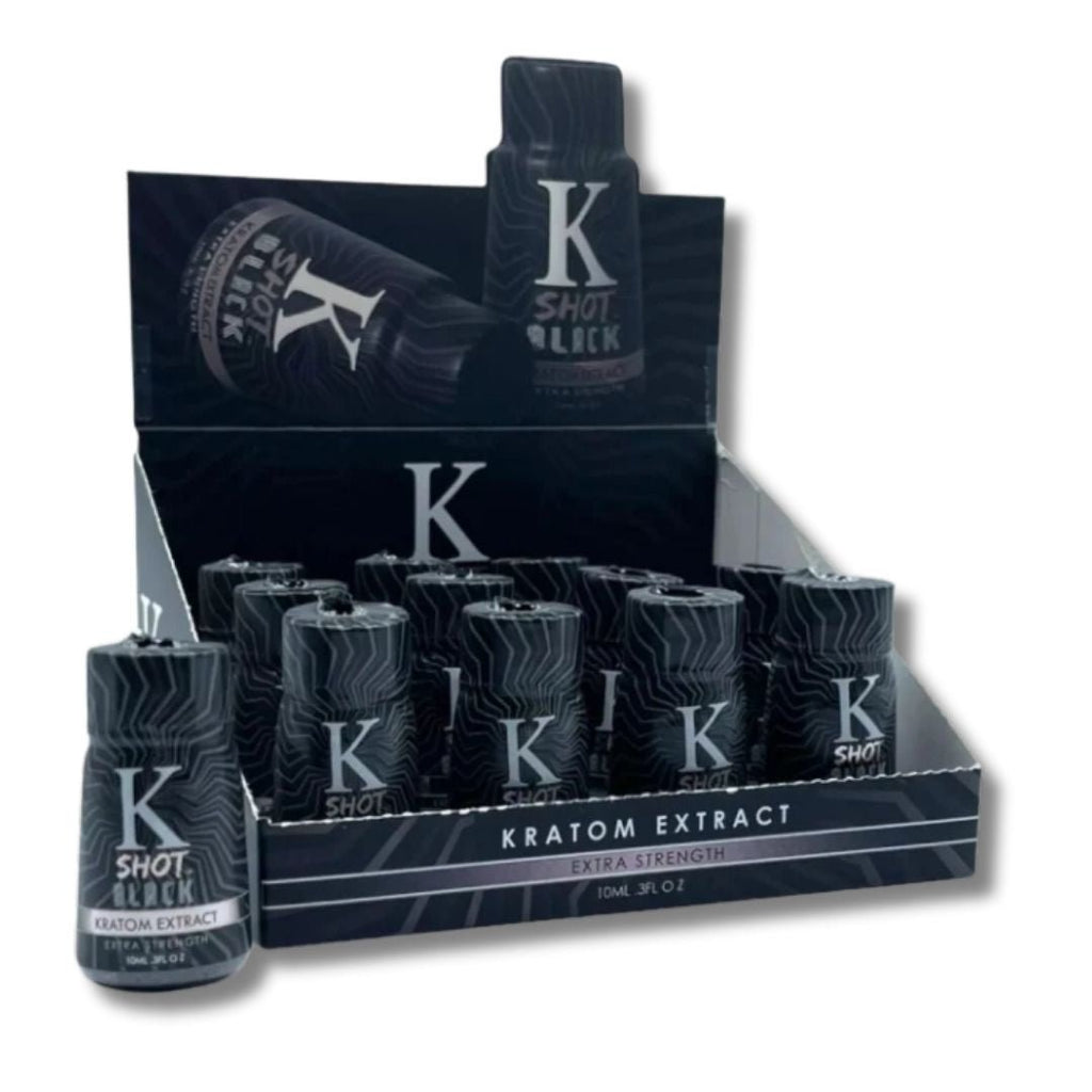 Display of K Kratom Extract shots with packaging on a white background