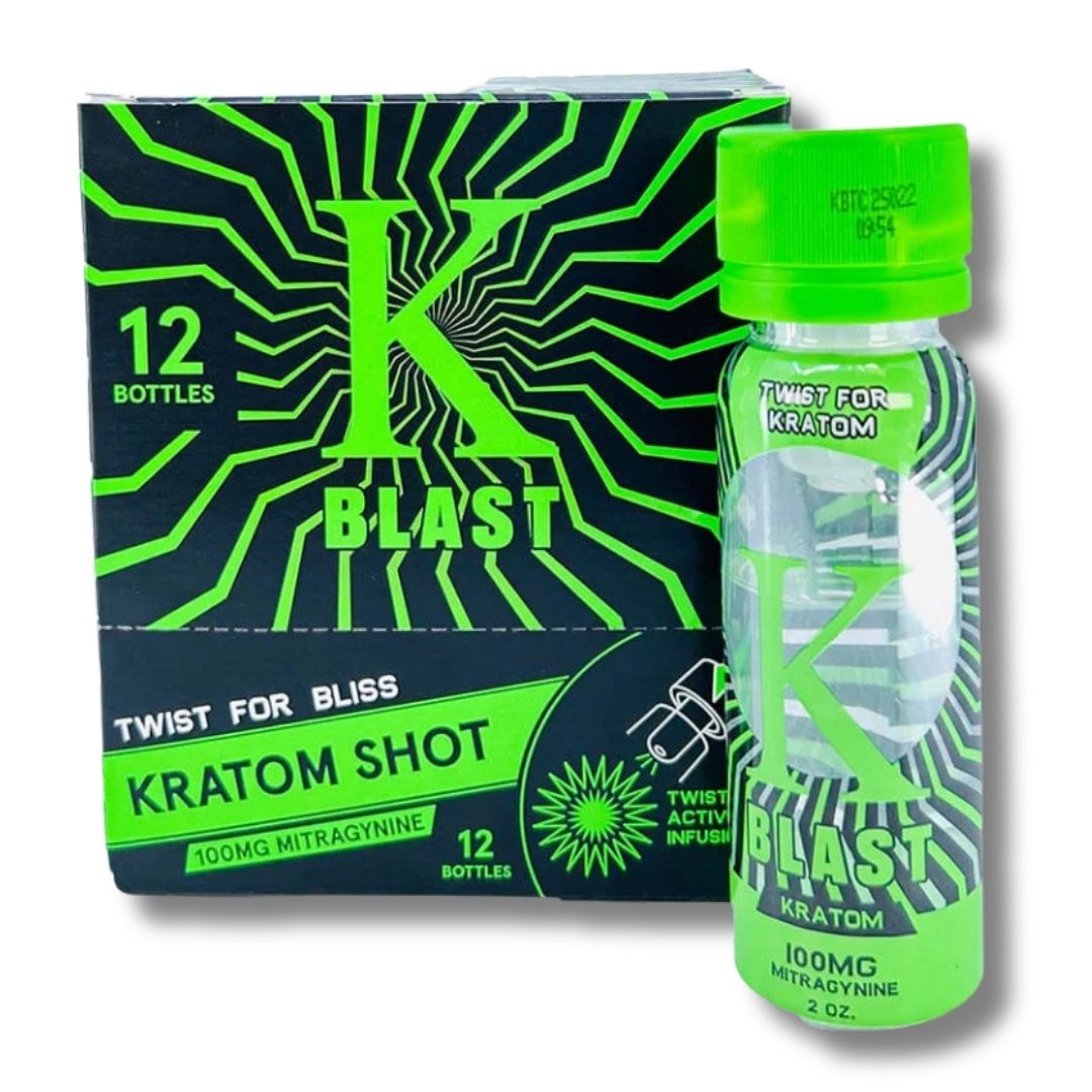 K Blast Kratom Shot packaging with a green and black design on a white background