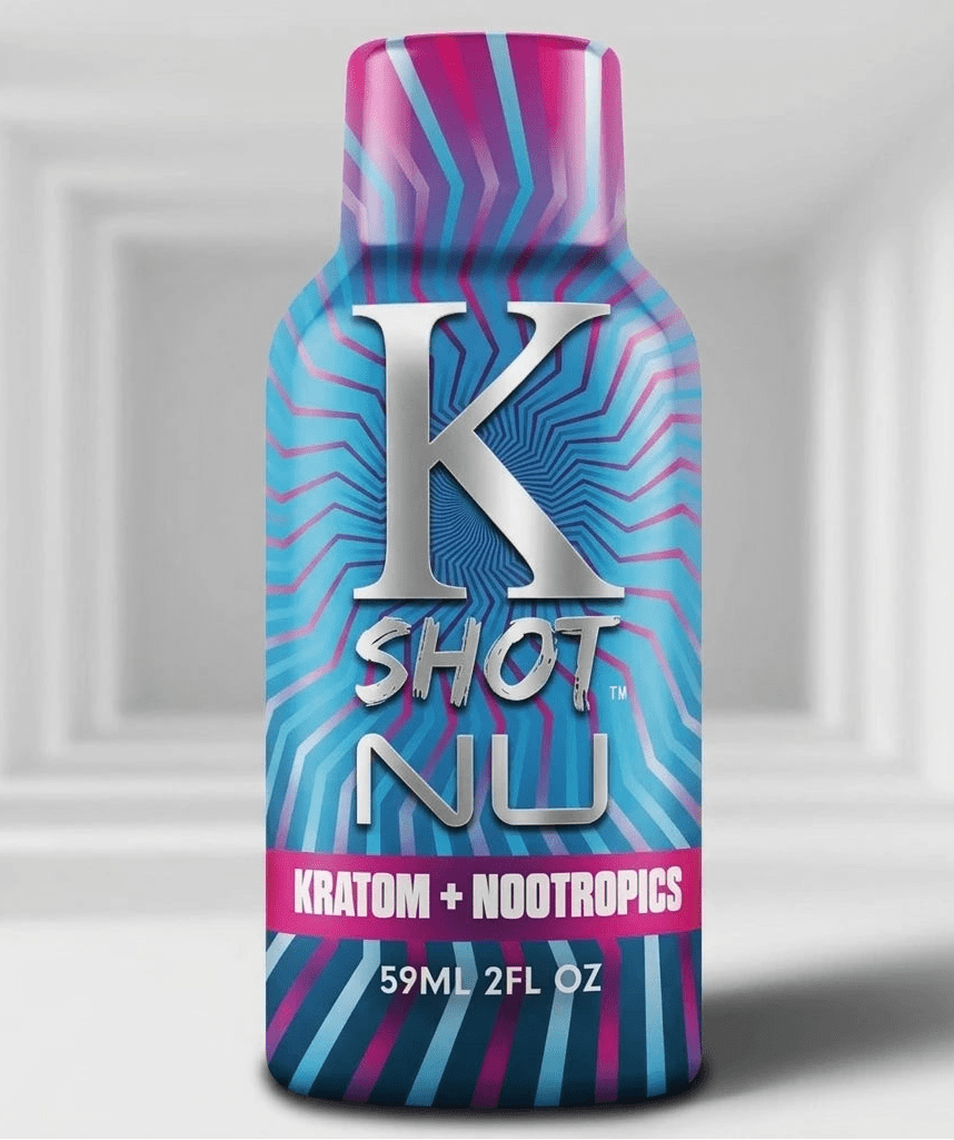 Bottle of K Shot NU with colorful label on a white background