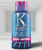 Bottle of K Shot NU with colorful label on a white background