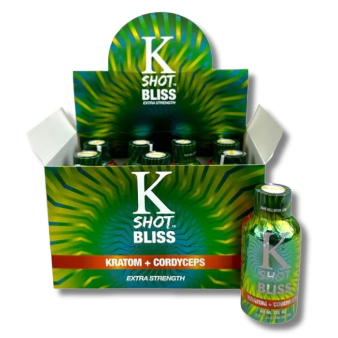 K Shot Bliss Kratom + Cordyceps packaging with bottles displayed.