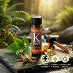 K Shot bottle with botanicals on a natural background