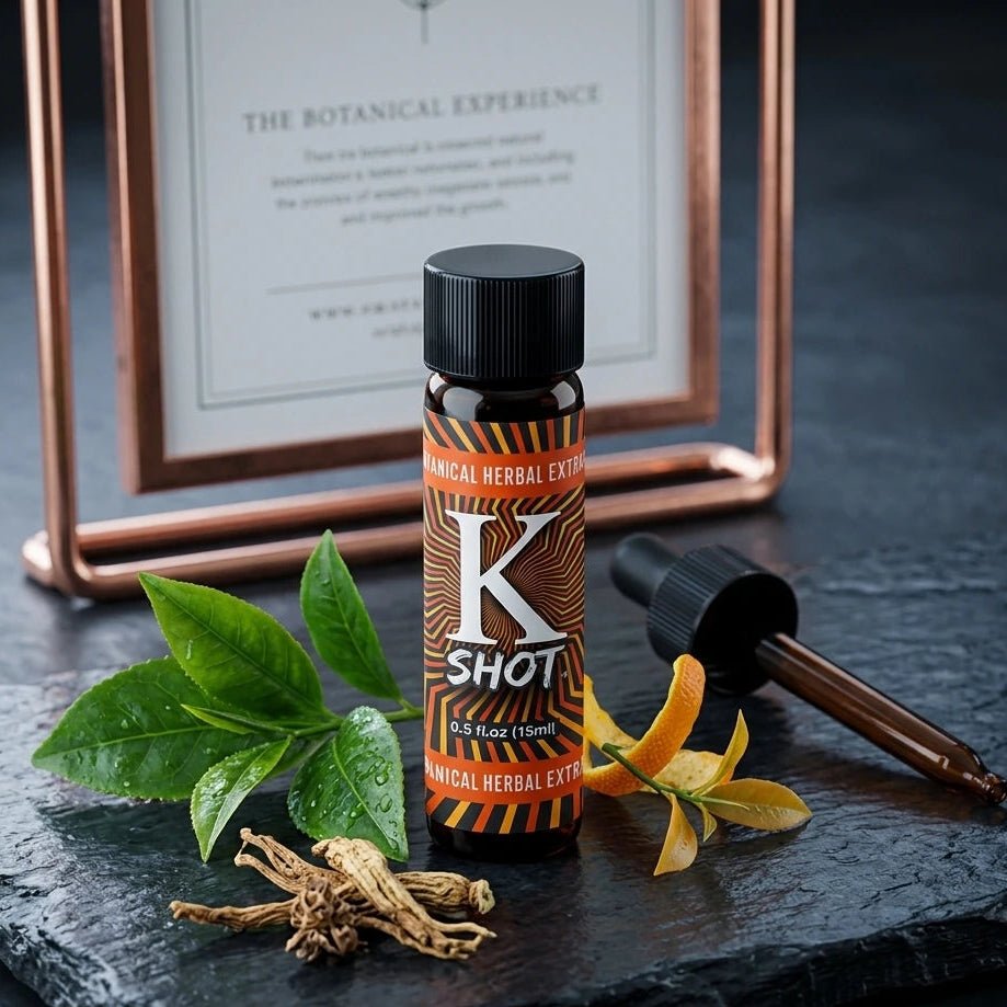 K Shot bottle with botanical elements on a dark surface