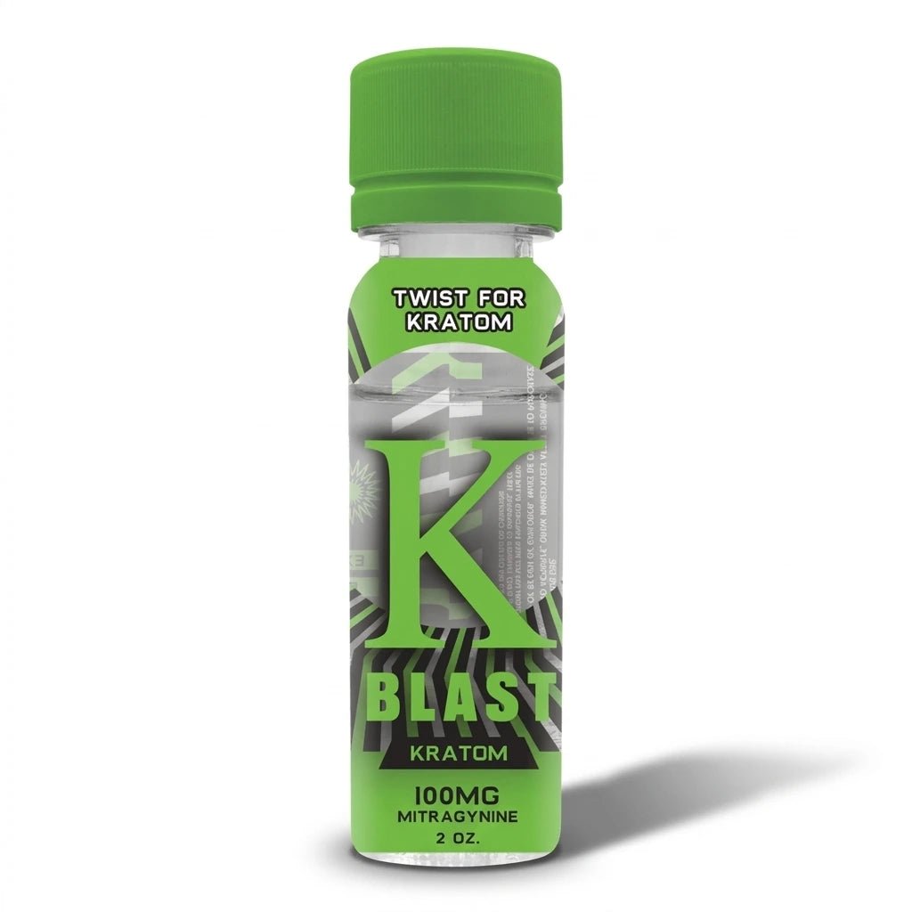 Bottle of K Blast Kratom with green cap and label on a white background