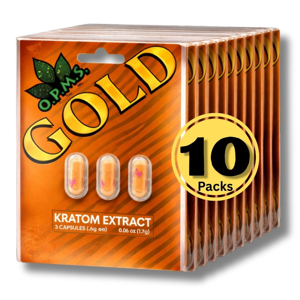 Box of O.P.A.'s Gold Kratom Extract with 10 packs on an orange background