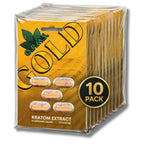 10-pack of Gold Kratom Extract capsules with yellow and black packaging.
