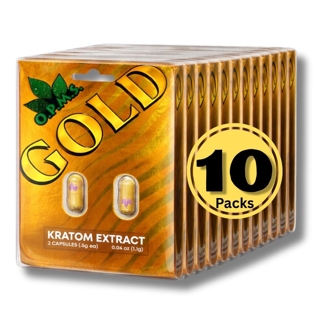 Box of OPM Gold Kratom Extract with 10 packs on a white background