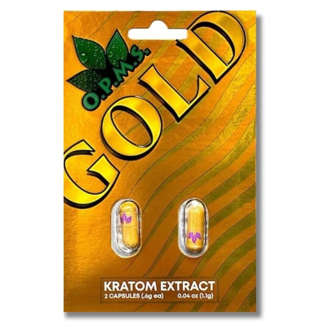 Kratom extract capsules in a 'O.P.M. Gold' package on a white background